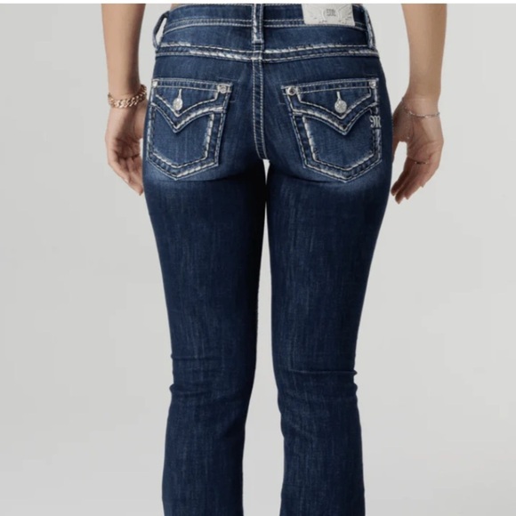 MISS ME SKINNY DARK WASH JEANS SADDLE STITCH POCKET RED,WHITE AND BLUE SZ 27 - Picture 1 of 14
